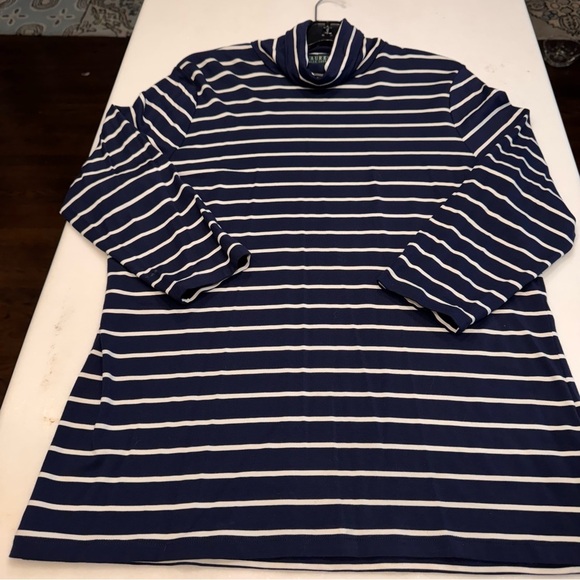 Lauren Ralph Lauren Women’s Large Navy Blue/white Striped Turtleneck Top - Picture 7 of 7